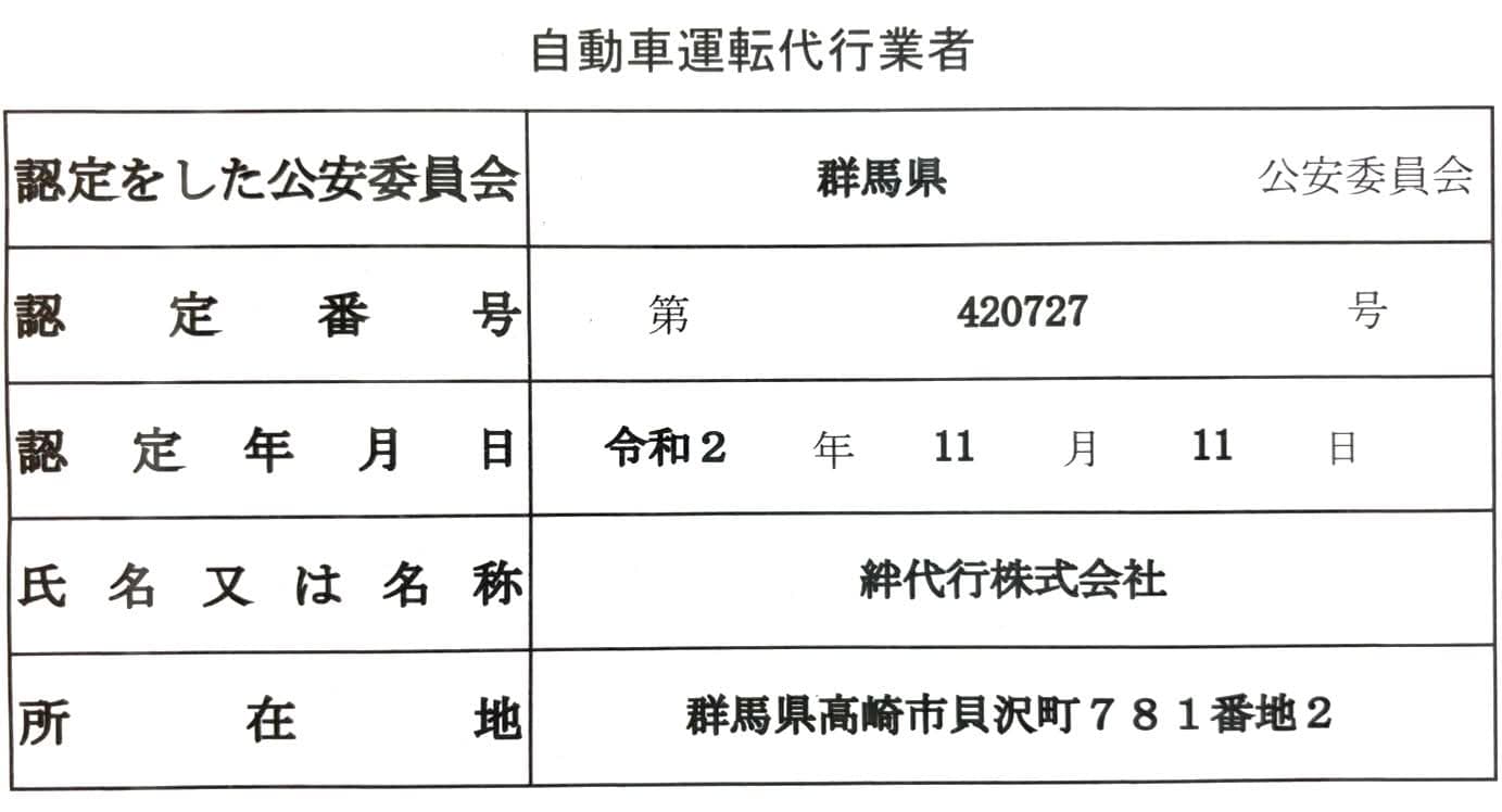 自動車運転代行業者標識。認定をした公安委員会：群馬県公安委員会、認定番号：第420727号、認定年月日：令和2年11月11日、氏名又は名称：絆代行株式会社、所在地：群馬県高崎市貝沢町781番地2